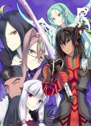  3boys 3girls agria_(tales) albino beard black_hair blonde_hair brown_hair closed_eyes commentary_request facial_hair freckles frown gaius_(tales) gloves gradient_hair green_eyes green_hair grin group_picture hair_ornament hairpin haru_(arser_doil) hat jiao_(tales) long_hair multicolored_hair multiple_boys multiple_girls muzet_(tales) pointy_ears presa_(tales) red_eyes smile tales_of_(series) tales_of_xillia white_hair wingul_(tales) yellow_eyes 