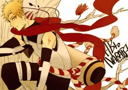  1boy anbu animal_eyes black_gloves blonde_hair elbow_gloves fighting_stance fox.cc gloves looking_at_viewer male male_focus mask naruto orange_eyes rope scarf scroll solo squatting tattoo tree uzumaki_naruto 