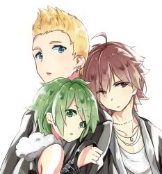  3boys ahoge amagase_touma bad_id bad_pixiv_id blackish_961sp_(idolmaster) blue_eyes brown_eyes brown_hair green_eyes green_hair idolmaster idolmaster_(classic) idolmaster_2 ijuuin_hokuto jupiter_(idolmaster) mitarai_shouta multiple_boys short_hair sukoyaka_(100hituzi) 