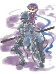  2boys armor bad_id bad_pixiv_id berserker_(fate/zero) carrying chibi fate/stay_night fate/zero fate_(series) female full_armor hood hoodie jitome matou_kariya matou_sakura multiple_boys on_head person_on_head purple_eyes purple_hair taso-kare 