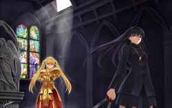  2girls angel_statue armor black_hair black_keys_(type-moon) blonde_hair blue_eyes church commentary cross crossed_arms dark fate/stay_night fate/zero fate_(series) genderswap_(mtf) gilgamesh_(fate) hair_ribbon highres kotomine_kirei long_hair miniskirt multiple_girls priest red_eyes ribbon rule_63 signature skirt smile stained_glass statue sword twintails weapon werkbau 