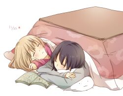  2girls bad_id bad_pixiv_id black_hair blonde_hair book crossed_arms funami_yui kotatsu long_hair multiple_girls pajamas sao_(0060) simple_background sleeping table toshinou_kyouko under_kotatsu under_the_table yuru_yuri 