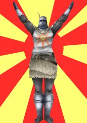  1boy \o/ armor arms_up commentary_request dark_souls_(series) dark_souls_i helmet male_focus ment outstretched_arms photoshop_(medium) praise_the_sun solaire_of_astora solo standing sun_symbol sunburst sunburst_background 