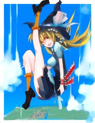  apron blonde_hair cloud commentary_request day falling female hat kirisame_marisa leg_up legs open_mouth orange_socks polka_dot polka_dot_legwear ribbon short_hair sky smile socks solo tatwuku touhou witch_hat yellow_eyes 