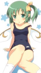  arm_support bare_shoulders blush commentary_request daiyousei female green_eyes green_hair kneehighs one-piece_swimsuit pointy_ears school_swimsuit short_hair side_ponytail sitting socks solo strap_slip swimsuit touhou white_socks yamasan 