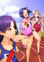  4girls ;o amami_haruka bare_shoulders bouncing_breasts bow breast_envy breasts brown_hair buruma cleavage collarbone commentary_request empty_eyes faceplant girly_running grey_hair hairband hairbow highres hitoto idolmaster idolmaster_(classic) inconvenient_breasts kisaragi_chihaya legs long_hair medium_breasts miura_azusa multiple_girls no_socks one_eye_closed photoshop_(medium) purple_hair red_eyes relay_baton relay_race running shijou_takane sweat tank_top track_and_field wince 