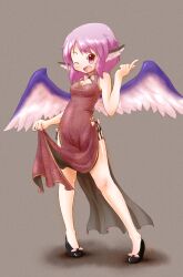  absurdres animal_ears arinu bare_legs bare_shoulders china_dress chinese_clothes commentary_request dress female highres mystia_lorelei no_headwear one_eye_closed pink_hair short_hair side_slit simple_background solo touhou wings 