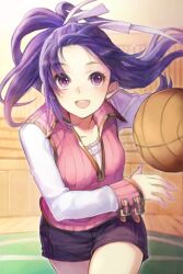  ball basketball basketball_(object) basketball_player breasts female hakou_(barasensou) long_hair long_sleeves lowres medium_breasts open_mouth playing_sports ponytail purple_eyes purple_hair shorts solo sword_girls vest 