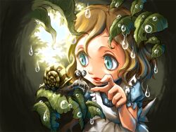  apron blonde_hair blue_eyes dew dew_drop dewdrop leaf original plant shell snail ume_(illegal_bible) water_drop wet 