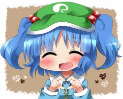  4-fingers_heart_hands ^_^ ayu_(iyokanya) bad_id bad_pixiv_id beige_background blue_hair blush closed_eyes facing_viewer female green_hat hair_bobbles hair_ornament hat heart heart_hands kawashiro_nitori key open_mouth outside_border short_hair smile solo touhou two_side_up upper_body 