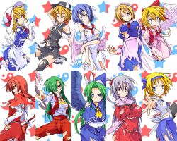  6+girls alice_margatroid alice_margatroid_(pc-98) ascot bare_shoulders black_legwear blonde_hair blue_hair blush book bow breasts capelet commentary_request elbow_gloves gengetsu_(touhou) gloves green_hair hair_bobbles hair_ornament hairbow hat hemogurobin_a1c kana_anaberal kazami_yuuka kazami_yuuka_(pc-98) large_breasts light_purple_hair long_hair mai_(touhou) maid_headdress mima_(touhou) mugetsu_(touhou) multiple_girls oerba_yun_fang okazaki_yumemi pantyhose pointy_ears red_bow red_hair shinki_(touhou) short_hair thighhighs torn_clothes touhou touhou_(pc-98) umbrella white_legwear wings wizard_hat yuki_(touhou) 