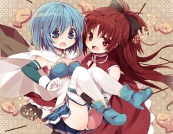  2girls bad_id bad_pixiv_id blue_eyes blue_hair blue_skirt blush bow cape carrying detached_sleeves dress food gloves hairbow long_hair magical_girl mahou_shoujo_madoka_magica mahou_shoujo_madoka_magica_(anime) miki_sayaka miki_sayaka_(magical_girl) multiple_girls nochita_shin oerba_yun_fang open_mouth panties pocky princess_carry red_dress red_eyes red_hair sakura_kyoko sakura_kyoko_(magical_girl) short_hair skirt taiyaki thighhighs underwear wagashi white_gloves white_legwear white_panties 