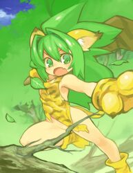  animal_ears boomerang cat_ears cham_cham cham_cham female girl gloves green_hair long_hair nature oerba_yun_fang open_mouth samurai_spirits shigehiro_(artist) snk solo 