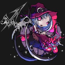  animal_ears animal_skull arrow belt bow_(weapon) english female hat personification purple_eyes sagittarius sitting skull star stars ume_(illegal_artist) ume_(illegal_bible) weapon white_hair witch_hat wooden_horse zodiac 