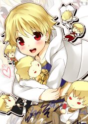  1boy alcohol armor blonde_hair bracelet character_doll chibi child_gilgamesh_(fate) commentary_request earrings fate/hollow_ataraxia fate/stay_night fate/zero fate_(series) gilgamesh_(fate) gilgamesh_(immoral_biker_jacket)_(fate) jewelry kurot male_focus multiple_persona necklace official_alternate_costume red_eyes wine 