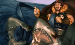  2boys beard chariot commentary_request facial_hair fate/stay_night fate/zero fate_(series) highres iskandar_(fate) multiple_boys ocean photoshop_(medium) red_hair shark short_hair water waterbottles waver_velvet 