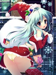  :o ass bell bent_over black_thighhighs blue_eyes blue_hair blush box christmas commentary_request female from_behind gate gift gift_box hat hole holly long_hair looking_back open_mouth original panties photoshop_(medium) print_thighhighs sack santa_costume santa_hat shiramori_yuse snow snowflakes snowing solo thighhighs torn_sack underwear yellow_panties 