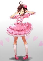  \m/ bad_id bad_pixiv_id black_eyes black_hair bow choker collarbone dress female flat_chest flower frills hair_flower hair_ornament heart idolmaster idolmaster_(classic) kikuchi_makoto kneehighs lolita_fashion mary_janes one_eye_closed pigeon-toed pink_theme shoes short_hair smile socks solo sweet_lolita tanaka_(colorcorn) 