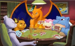  angry bag blastoise card cards chair charizard coin coins curtains dogs_playing_poker fine_art_parody gambling glasses light lolicon map matches mewtwo monocle nintendo parody photo_(object) picture pikachu pipe pokemon poker raichu satoshi_(pokemon) slowbro smoking table 