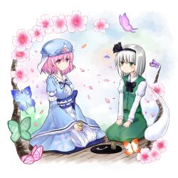  2girls blush bow bowtie breasts bug butterfly cherry_blossoms commentary_request cup flower ghost green_eyes hair_ribbon hairband hat highres hitodama japanese_clothes konpaku_youmu konpaku_youmu_(ghost) multiple_girls obi petals pink_eyes pink_hair ribbon saigyouji_yuyuko sash seiza short_hair sitting skirt small_breasts smile tea touhou triangular_headpiece vest white_hair yunomi yuzuhito 