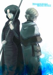  2girls anastacia_of_astora back-to-back bag bandages black_hair blonde_hair braid cape capelet choker commentary_request dark_souls_(series) dark_souls_i demon&#039;s_souls fringe_trim hair_bun maiden_in_black multiple_girls murai_shinobu scarf single_hair_bun staff voice_actor_connection 