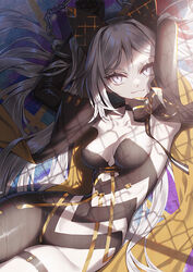  alchemy_stars arms_up asymmetrical_clothes breasts choker cleavage closed_mouth covered_navel cuffs female grey_eyes grey_hair hair_spread_out hairband handcuffs highres long_hair looking_at_viewer lying on_back scar scar_across_eye shade sho_(sumika) shrug_(clothing) single_pantsleg slit_pupils small_breasts smile smokey_(alchemy_stars) smokey_(imprisonment_of_greed)_(alchemy_stars) solo thigh_strap very_long_hair 