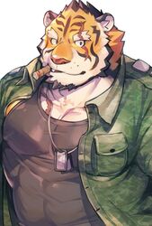  2019 anthro barazoku benki_wars clothed clothing dog_tags facial_scar felid fur jacket lieutenant_trouser male mammal multicolored_body multicolored_fur muscular muscular_anthro muscular_male orange_body orange_fur pantherine scar smoking solo striped_body striped_fur stripes syukouakanaru tiger topwear two_tone_body two_tone_fur white_body white_fur 