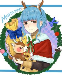  antlers blue_hair bow brown_eyes character_name closed_mouth commentary english_commentary female fire_emblem fire_emblem:_three_houses fur_trim garreg_mach_monastery_uniform highres holding horns long_sleeves marianne_von_edmund otokajife protected_link reindeer_antlers sack sidelocks smile solo stuffed_animal stuffed_reindeer stuffed_toy uniform upper_body 