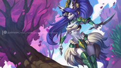  16:9 2020 alanscampos anthro armor big_ears blue_hair breasts canid canine canis curvy_figure dagger digital_media_(artwork) dual_wielding female hair hi_res holding_object holding_weapon horn legend_of_mana long_hair looking_at_viewer mammal mana_(series) melee_weapon patreon patreon_logo plant sierra_(mana) solo square_enix text tree unconvincing_armor url voluptuous weapon website_logo widescreen wolf 