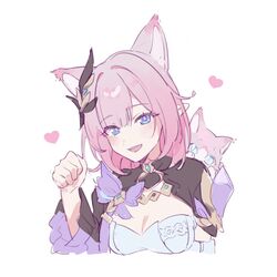  :d absurdres animal animal_ears blue_eyes breasts cat_ears cleavage commentary cropped_torso elysia_(honkai_impact) elysia_(miss_pink_elf)_(honkai_impact) feline female hair_ornament hand_up heart highres honkai_(series) honkai_impact_3rd kemonomimi_mode long_sleeves looking_at_viewer medium_breasts paw_pose pink_hair pointy_ears roena smile solo upper_body wide_sleeves 