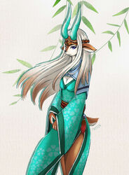  2019 anthro asian_clothing black_nose blue_eyes breasts brown_body brown_fur brown_highlights clothed clothing deer digital_media_(artwork) east_asian_clothing elder_lu female fur hair highlights_(coloring) horn japanese_clothing kimono looking_at_viewer mammal signature small_breasts solo teal_clothing teal_kimono the_great_warrior_wall treyer 