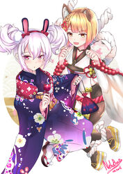  2girls :3 :d :o absurdres animal_ears azur_lane bare_shoulders blonde_hair blue_kimono blush bow braid brown_eyes brown_footwear brown_pantyhose candy_apple collarbone commentary crossover detached_sleeves dog_ears erune fingernails floral_print food granblue_fantasy hair_between_eyes hair_up hairband highres holding holding_food japanese_clothes kimono kinchaku laffey_(azur_lane) laffey_(snow_rabbit_and_candy_apple)_(azur_lane) long_sleeves multiple_girls nail_polish nekobox obi official_alternate_costume open_mouth pantyhose parted_lips pouch print_kimono purple_eyes rabbit_ears red_bow red_hairband sandals sash sleeveless smile socks tabi vajra_(granblue_fantasy) white_background white_hair white_nails white_socks wide_sleeves zouri 