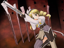  beret blonde_hair boots breasts commentary_request corset detached_sleeves drill_hair female fingerless_gloves gloves gun hair_ornament hat kahis_(sweetbriar) magical_girl magical_musket mahou_shoujo_madoka_magica mahou_shoujo_madoka_magica_(anime) medium_breasts on_one_knee panties pantyshot puffy_sleeves rifle shirt smile solo striped taut_clothes taut_shirt thighhighs tomoe_mami tomoe_mami_(magical_girl) underwear vertical_stripes weapon white_panties yellow_eyes 