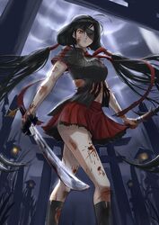  black_hair blood blood-c blood_on_weapon blood_splatter breasts commentary english_commentary eyepatch female jastersin21 katana kisaragi_saya kneehighs long_hair medium_breasts necktie one-eyed red_eyes red_skirt school_uniform shirt skirt socks solo spoilers sword torn_clothes torn_shirt torn_socks twintails very_long_hair weapon 