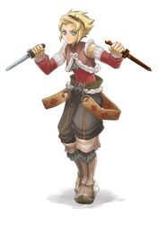  1boy androgynous blonde_hair blue_eyes boots commentary detached_sleeves dual_wielding english_commentary fighting_stance full_body holding jastersin21 knife male_focus mice_(rune_factory) rune_factory rune_factory_3 simple_background solo tiara vest white_background 