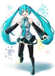  aqua_eyes aqua_hair aqua_nails bare_shoulders black_footwear boots breasts commentary_request detached_sleeves female full_body hatsune_miku headset jastersin21 long_hair medium_breasts nail_polish necktie open_mouth running shadow skirt solo tattoo thigh_boots thighhighs twintails very_long_hair vocaloid white_background wide_sleeves zettai_ryouiki 