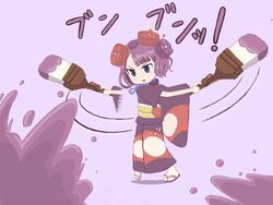  brush chibi commentary fate/grand_order fate_(series) female highres ink japanese_clothes katsushika_hokusai_(fate) kimono mikoko1 name_connection obi object_namesake octobrush_(splatoon) sash solo splatoon_(series) swinging 