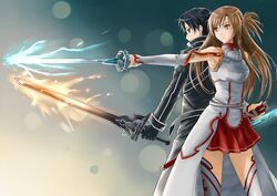  1boy armpits asuna_(sao) back-to-back black_eyes black_hair breasts brown_eyes brown_hair commentary dual_wielding english_commentary female fighting_stance fingerless_gloves gloves holding jastersin21 kirito long_hair magic red_skirt sheath side_ponytail skirt small_breasts sword sword_art_online thighhighs weapon zettai_ryouiki 