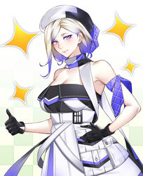  absurdres beret blue_scarf breasts cleavage cowboy_shot dress female gloves gradient_hair gradient_scarf hat highres jean_bart_(kancolle) kantai_collection kome_cola large_breasts mole mole_under_eye multicolored_clothes multicolored_gloves multicolored_hair revision scarf solo strapless strapless_dress 