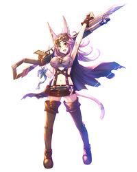  animal_ears arm_up boots breasts cape cat_ears cat_tail duel_monster female fingerless_gloves full_body gloves goggles goggles_on_head gun highres holding holding_gun holding_weapon large_breasts long_hair open_mouth orange_eyes over_shoulder pink_hair shorts simple_background skirt solo suspender_skirt suspenders tail tail_ornament tail_ring takkayuuki thigh_boots thighhighs torn_cape torn_clothes tri-brigade_ferrijit_the_barren_blossom weapon weapon_over_shoulder white_background yu-gi-oh! 