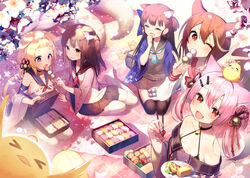  5girls :d :o ahoge animal_ear_fluff animal_ears ariake_(azur_lane) asagi_yuna ascot azur_lane bare_shoulders bell bento bird black_skirt black_thighhighs blonde_hair bow breasts brown_eyes brown_hair brown_shirt brown_skirt cat_ears cat_girl cat_tail cherry_blossoms chick choker chopsticks closed_eyes collarbone commentary_request dango day detached_sleeves feeding flower food fox_tail hair_ornament hairbow hairclip halterneck hanami haori hatsuharu_(azur_lane) hatsushimo_(azur_lane) holding holding_chopsticks holding_food holding_plate japanese_clothes jingle_bell kotori_photobomb long_hair long_sleeves looking_at_viewer manjuu_(azur_lane) mat md5_mismatch medium_breasts medium_hair miniskirt multicolored_hair multiple_girls multiple_tails no_shoes oerba_yun_fang off-shoulder_shirt off_shoulder official_art one_eye_closed open_mouth outdoors petals picnic picnic_basket pink_hair plate pleated_skirt purple_eyes red_eyes rope sailor_collar sandwich sanshoku_dango seiza shirt sitting skirt smile streaked_hair sunlight tail thighhighs two_side_up w wagashi wakaba_(azur_lane) white_flower white_shirt white_thighhighs wide_sleeves yuugure_(azur_lane) zettai_ryouiki 