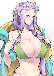  absurdres alternate_costume artist_name bikini braid breasts bursting_breasts cloak closed_mouth collarbone dragon_girl female fire_emblem fire_emblem:_the_binding_blade fire_emblem_heroes ge-b green_bikini green_eyes head_wreath heterochromia highres huge_breasts idunn_(fire_emblem) linea_alba long_hair looking_at_viewer mature_female navel official_alternate_hairstyle pointy_ears purple_hair red_eyes sidelocks skindentation solo stomach string_bikini swimsuit twitter_username upper_body white_background 