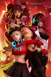  3girls absurdres blonde_hair blue_eyes bow breasts brown_hair cleavage commentary_request dudeunderscore earrings fingerless_gloves gloves hair_ornament hairclip hat headphones highres jewelry kirijou_mitsuru kujikawa_rise long_hair looking_at_viewer medium_breasts midriff multiple_girls persona persona_3 persona_3:_dancing_moon_night persona_4 persona_4:_dancing_all_night persona_5 persona_5:_dancing_star_night persona_dancing takamaki_anne twintails 