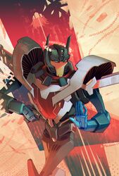  2017 ambiguous_gender autobot chains cybertronian detailed_background digital_media_(artwork) english_text faceplate getaway_(transformer) gun handgun hasbro head_wreath hi_res holding_object holding_weapon humanoid larrydraws leaf leaf_crown living_machine machine not_furry ranged_weapon robot ship simple_background solo standing takara_tomy text transformers vehicle watercraft weapon 