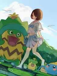  absurdres alternate_costume barefoot bird blue_bow blush bob_cut bow brown_eyes brown_hair cloud commentary day female gloria_(pokemon) highres hoshizora lombre looking_down ludicolo navel open_mouth outdoors pleated_skirt pokemon pokemon_(creature) pokemon_swsh sailor_collar short_hair short_sleeves skirt sky standing standing_on_one_leg surskit swept_bangs tongue 