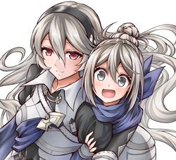  2girls blue_neckwear corrin_(female)_(fire_emblem) corrin_(fire_emblem) fire_emblem fire_emblem_fates grey_eyes hair_bun hairband kana_(female)_(fire_emblem) kana_(fire_emblem) long_hair looking_at_viewer mother_and_daughter multiple_girls oerba_yun_fang red_eyes single_hair_bun smile ten_(tenchan_man) white_hair 