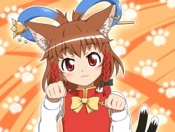  alternate_hairstyle animal_ears blue_eyes blush bow braid cat_ears cat_tail chen commentary_request earrings female fusion hair_ornament hair_rings hair_stick jewelry kaenbyou_rin kaku_seiga multicolored_hair multiple_tails paw_pose paw_print red_eyes red_hair shirosato short_hair solo tail touhou twin_braids 