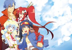  2boys 2girls armlet black_eyes blue_hair boota_(ttgl) bracelet cape cloud commentary_request cross-shaped_pupils day flower goggles goggles_on_head hair_flower hair_ornament holding_hands jewelry kamina_(ttgl) multicolored_hair multiple_boys multiple_girls nia_teppelin painttool_sai_(medium) ponytail red_eyes red_hair scarf simon_(ttgl) sky smile suika_soda symbol-shaped_pupils tengen_toppa_gurren_lagann topless_male two-tone_hair yellow_eyes yoko_littner 