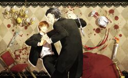  2boys ^_^ argyle_background asura_(asr4000) bad_id bad_pixiv_id black_hair blood border brown_background brown_hair candle chandelier closed_eyes cup dancing drinking_glass fate/zero fate_(series) formal gilles_de_rais_(caster)_(fate) knife lace lace_border male_focus multiple_boys ornate_border scalpel suit table uryuu_ryuunosuke wine_glass 