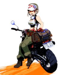  bag bare_arms bare_shoulders baseball_cap belt boots breasts brown_eyes cleavage commentary_request crop_top female goggles hat license_plate light_brown_hair medium_breasts midriff motor_vehicle motorcycle navel okina open_mouth open_pants original pants simple_background sitting sleeveless solo suspenders tank_top 